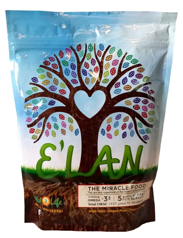 The E'LAN pouch: a tree with a heart-shaped gap in its canopy and multicoloured leaves, over grass and soil, with E'LAN in green script and the Vital2Life mark below.