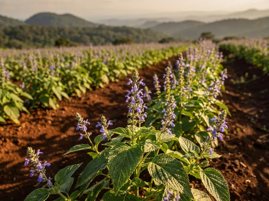 A field of chia in flower on a tropical highland slope in low sun: erect spikes of small violet-blue flowers standing above broad, deeply veined serrated leaves, the rows running back over red-brown soil towards forested hills in haze.