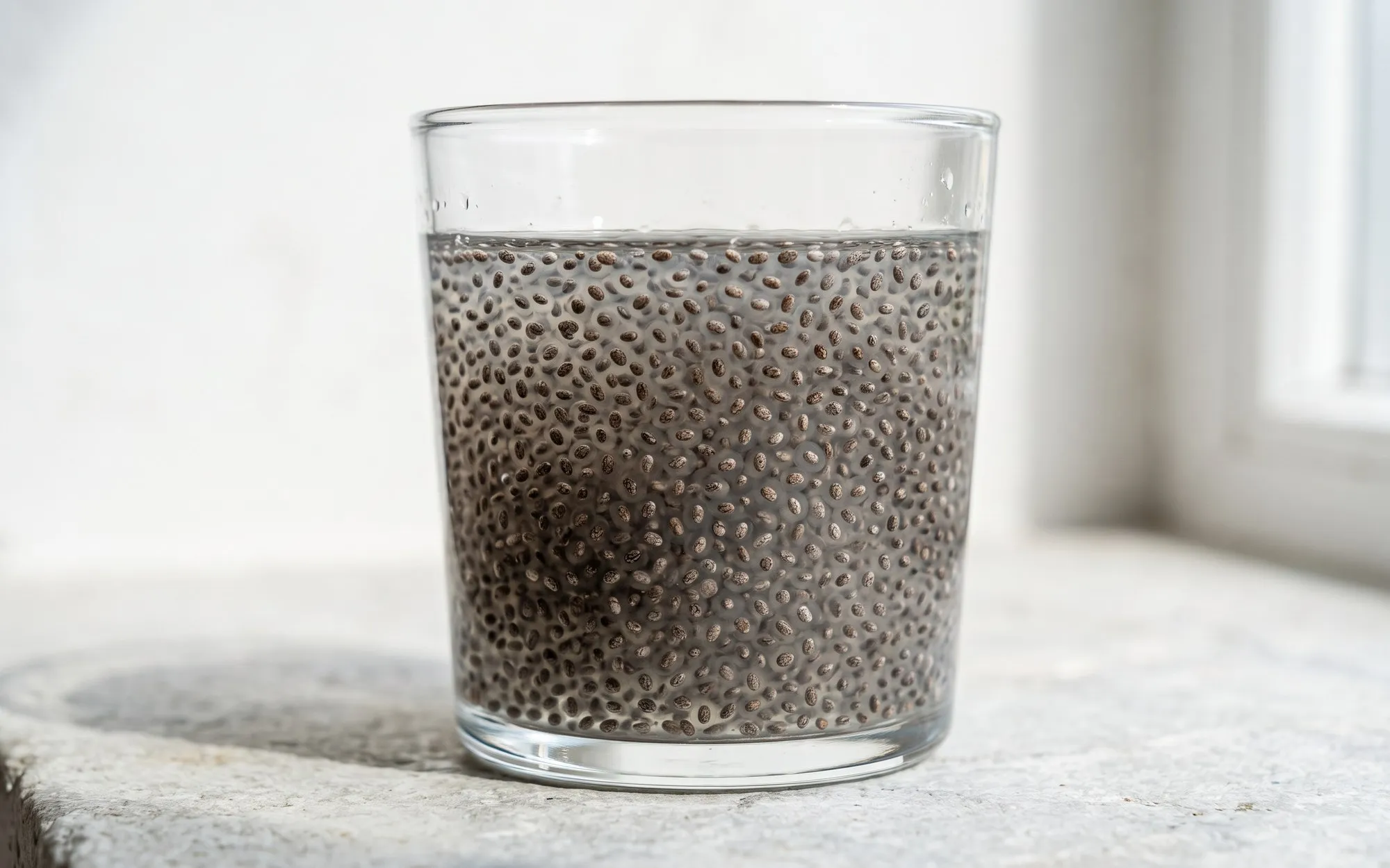 A clear glass tumbler of water on pale stone in bright daylight, filled with dark chia seeds that have swollen into a translucent gel, each seed suspended inside its own clear halo.