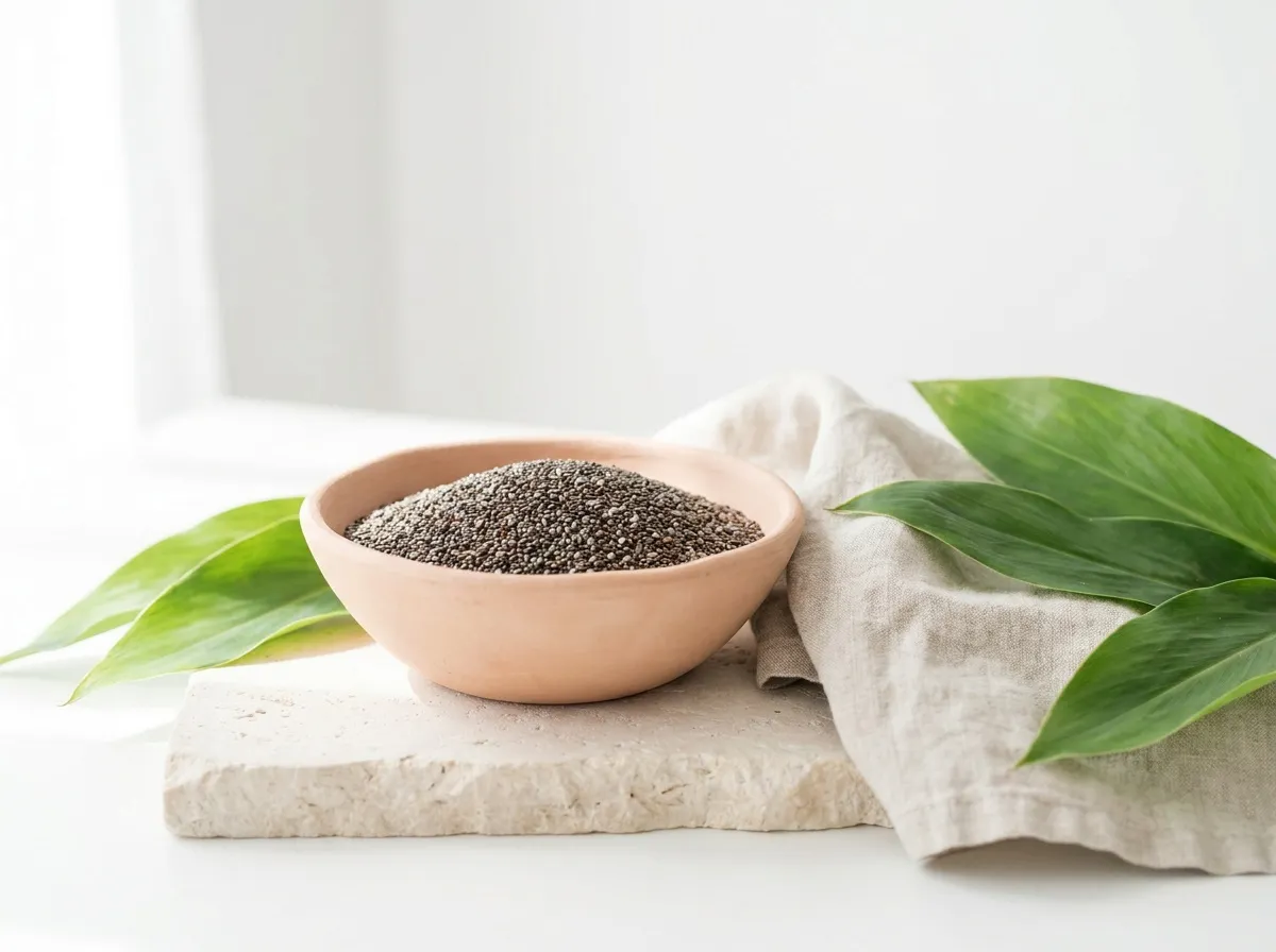 Dry chia seeds heaped in a hand-thrown terracotta bowl on pale stone beside linen and green tropical leaves.