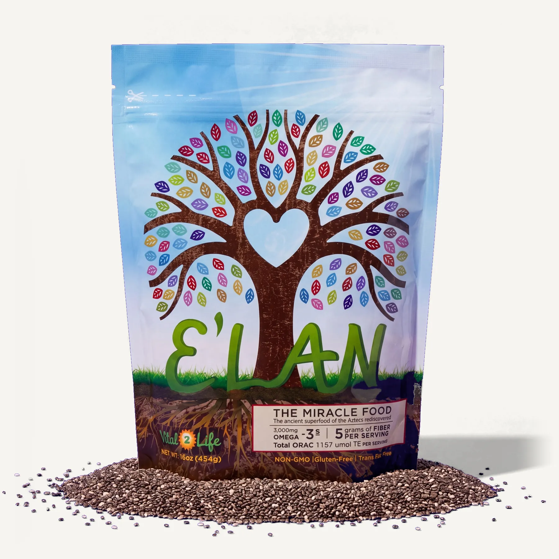 The E'LAN pouch standing in a small pile of chia seeds: a tree with a heart-shaped gap in its canopy and multicoloured leaves, over grass and soil, with E'LAN in green script and the Vital2Life mark below.
