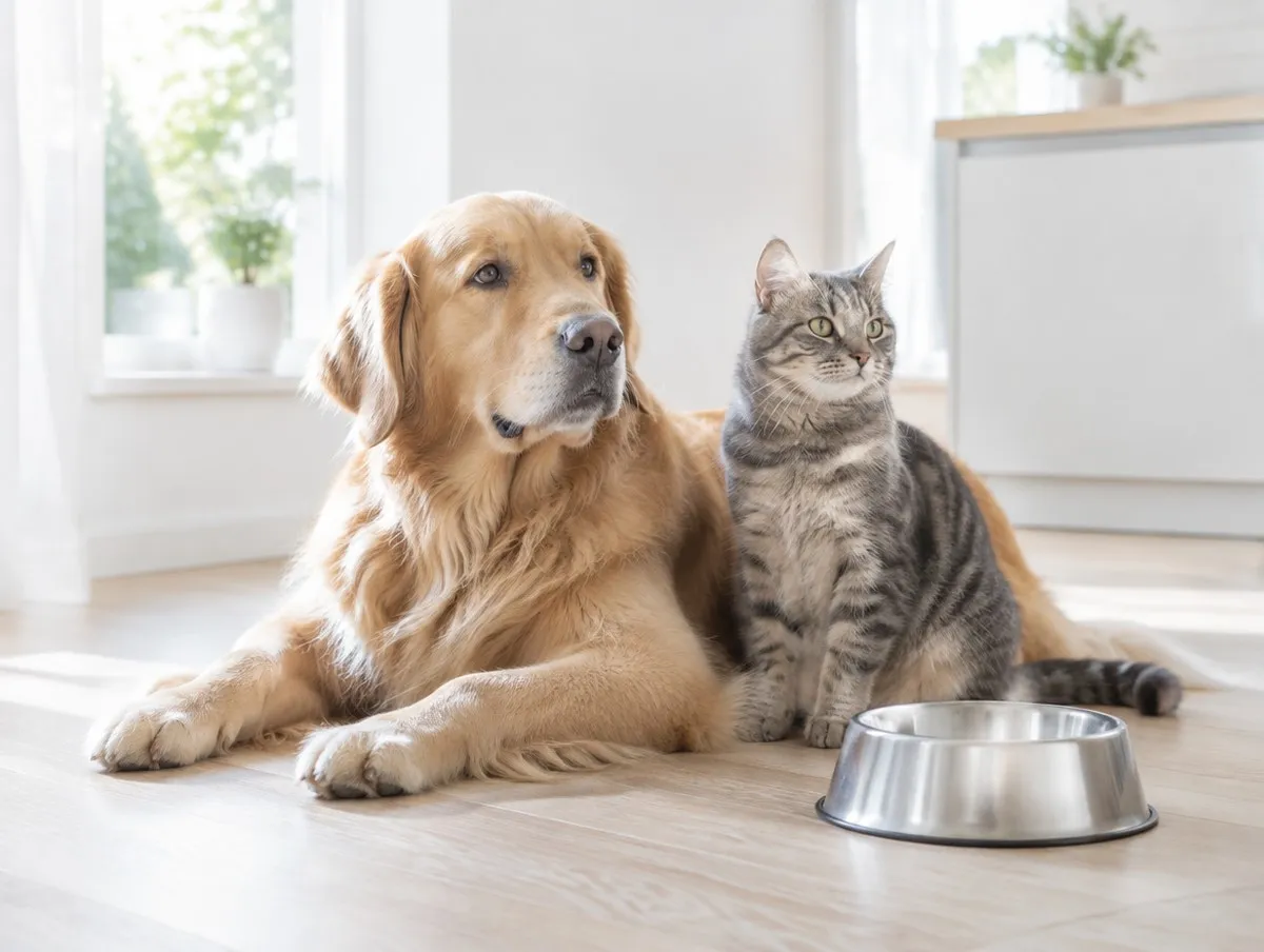 A golden retriever lying on a pale wooden kitchen floor with a grey tabby cat sitting close against its side, both looking off to the left, an empty stainless-steel pet bowl on the floor in front of them and bright window light behind.