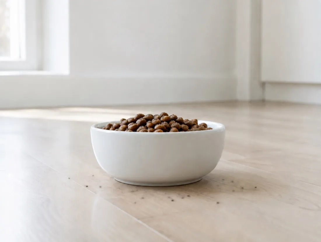 A plain white ceramic bowl filled with dry brown kibble standing on a pale wooden floor against a white wall, lit softly from a window to the left.