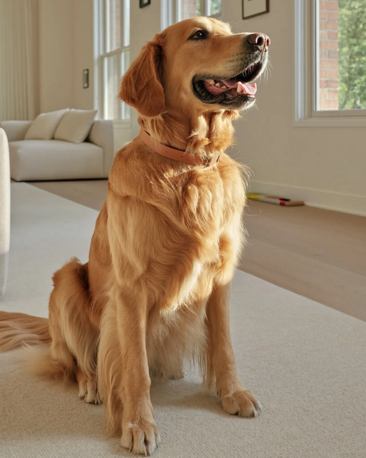 A golden retriever sitting on a pale rug in a bright modern living room, low afternoon light through tall windows behind it, looking off-camera and slightly upward at someone out of frame.