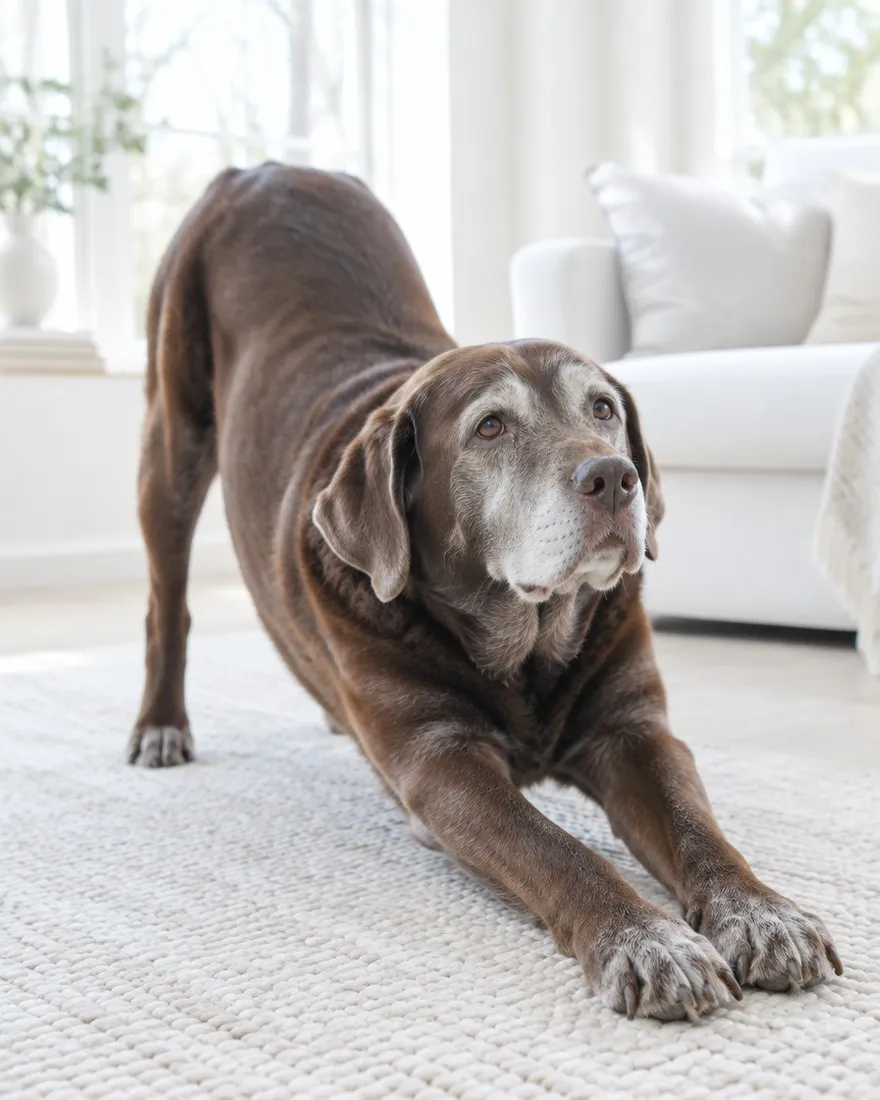 An older chocolate Labrador with a grey muzzle stretching forward on a pale woven rug, front legs out and hindquarters raised, looking up and to the right, a white sofa and bright windows behind.
