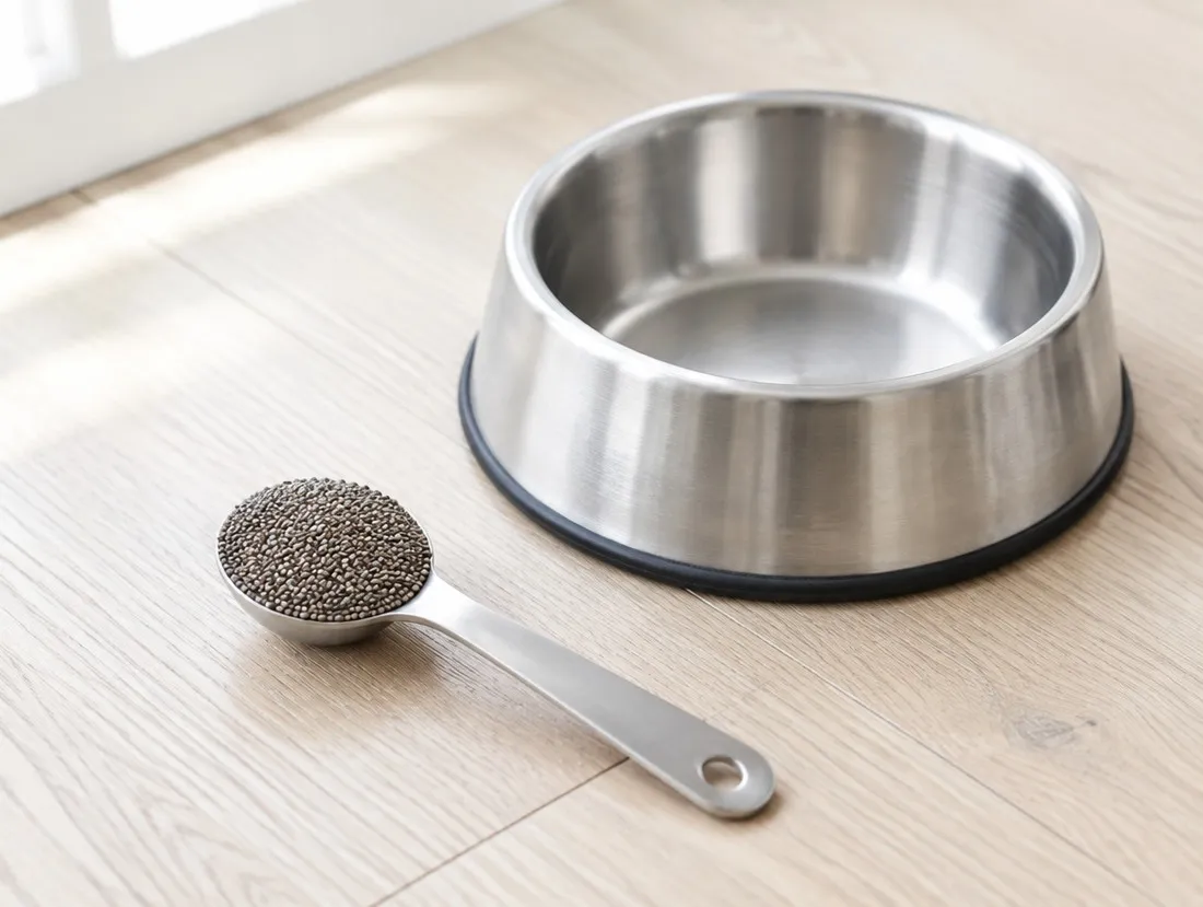A stainless-steel measuring spoon heaped with tiny grey-and-charcoal chia seeds lying on a pale wooden floor beside an empty stainless-steel dog bowl, in soft daylight.