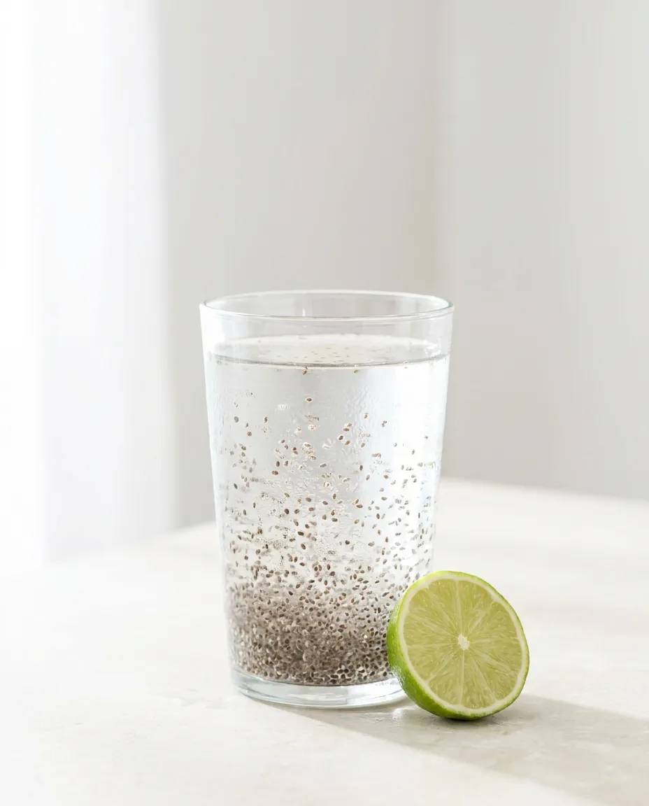 A tall glass of water on a pale counter against a white wall, chia seeds suspended through the water and settled in a thick layer at the bottom, half a lime resting beside the glass.