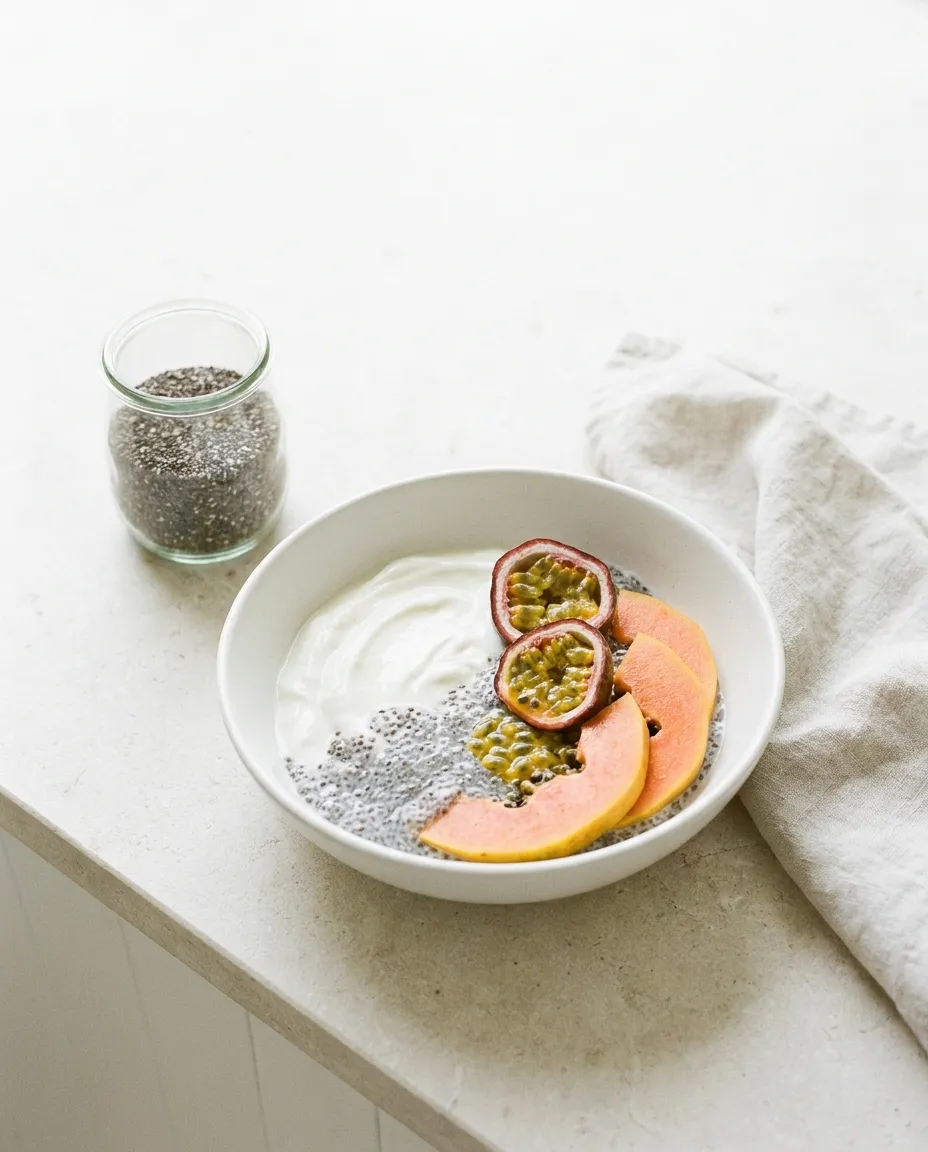 A white bowl of yogurt on a pale stone counter in morning light, chia seeds stirred through one side, halved passionfruit and slices of papaya on top, with a small glass jar of dry chia seeds and a folded linen cloth behind it.