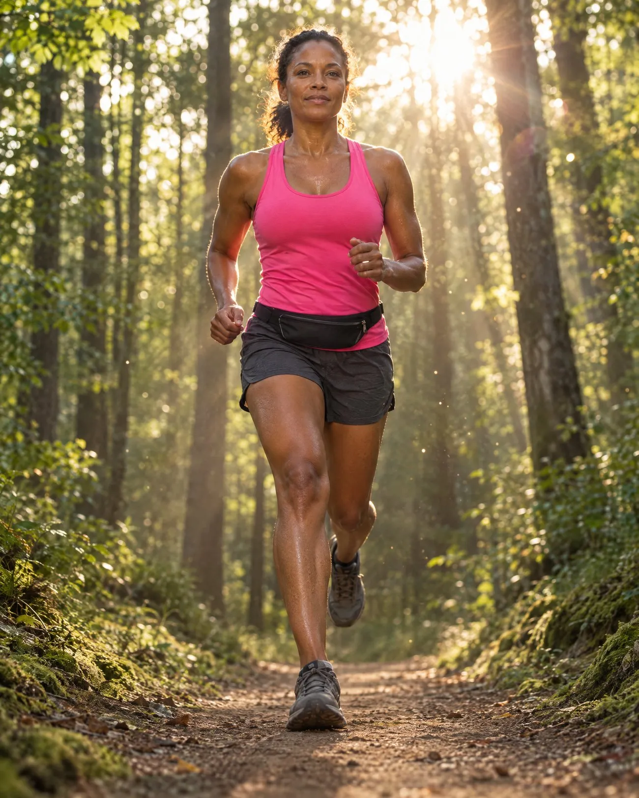 An African American woman around forty running toward the camera along a forest trail, seen from low on the path looking up: whole body in frame, front foot planted on the packed earth, hands empty, a pink tank top and a slim black hip pouch at her waist, hair tied back and sweat on her brow, the sun bursting through the canopy behind her in rays.