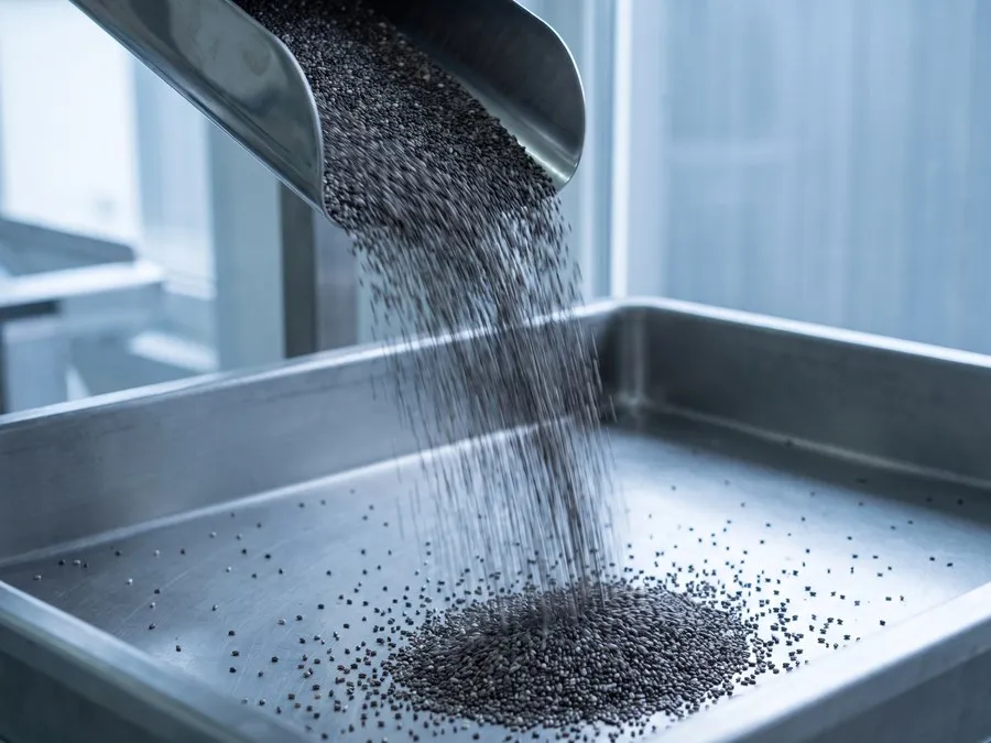 Dry chia seed falling from a stainless steel chute into a shallow steel tray in cool daylight, the falling stream blurred and the seeds sharp where they land.