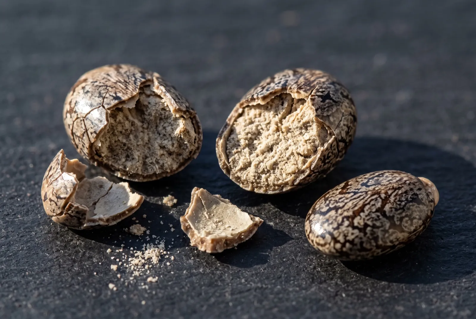Chia seeds at high magnification on dark slate: two with the shell cracked apart to expose a dry mealy interior, shell fragments and fine dust beside them, one seed still intact.