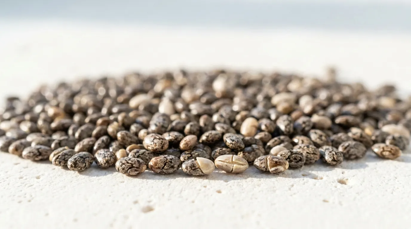 A shallow drift of whole chia seeds on pale stone in raking sunlight, mottled charcoal, brown and cream.