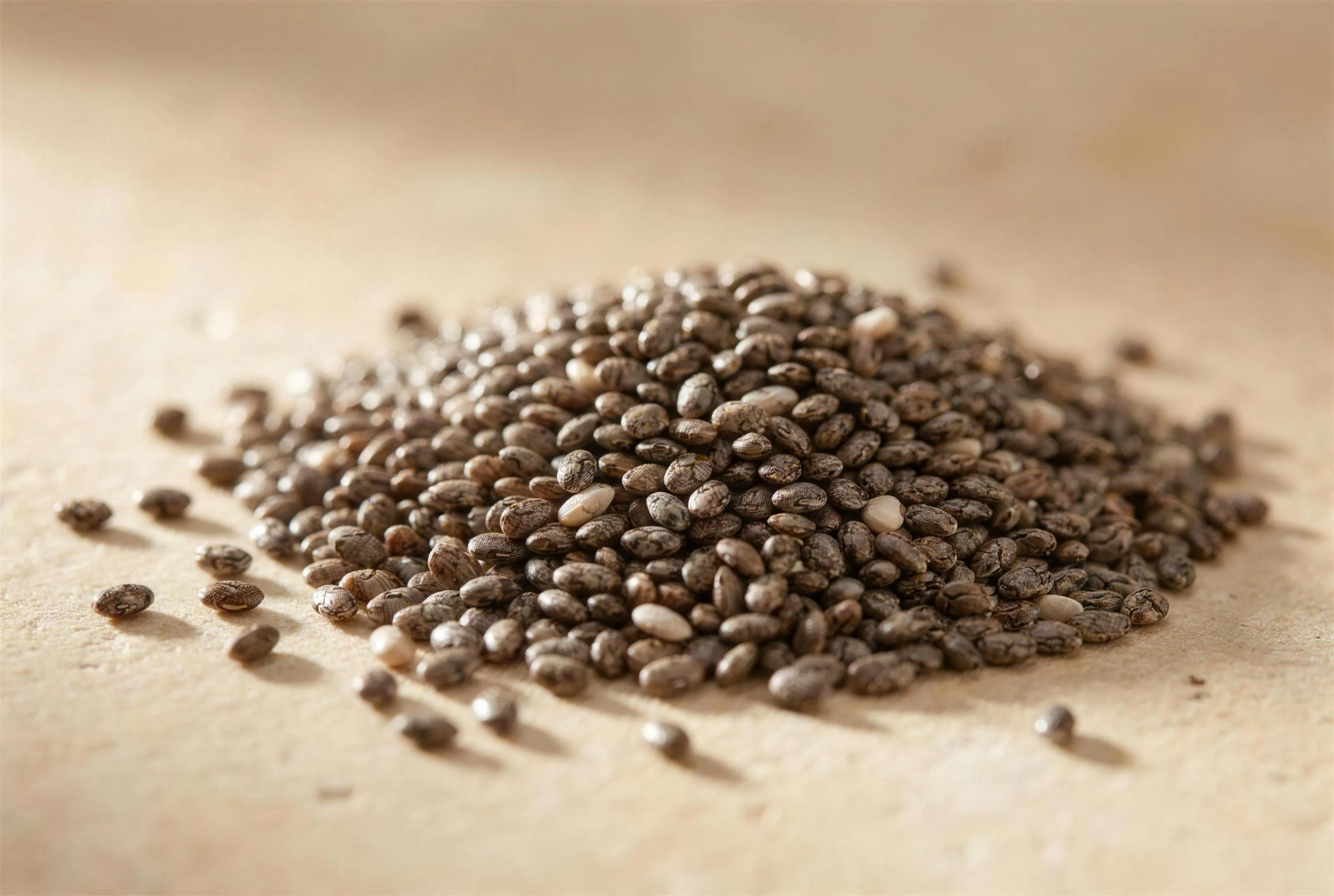 A small heap of whole dry chia seeds on pale stone at high magnification, each seed a flattened oval mottled in charcoal, brown and cream, with a scatter of loose seeds around the base.
