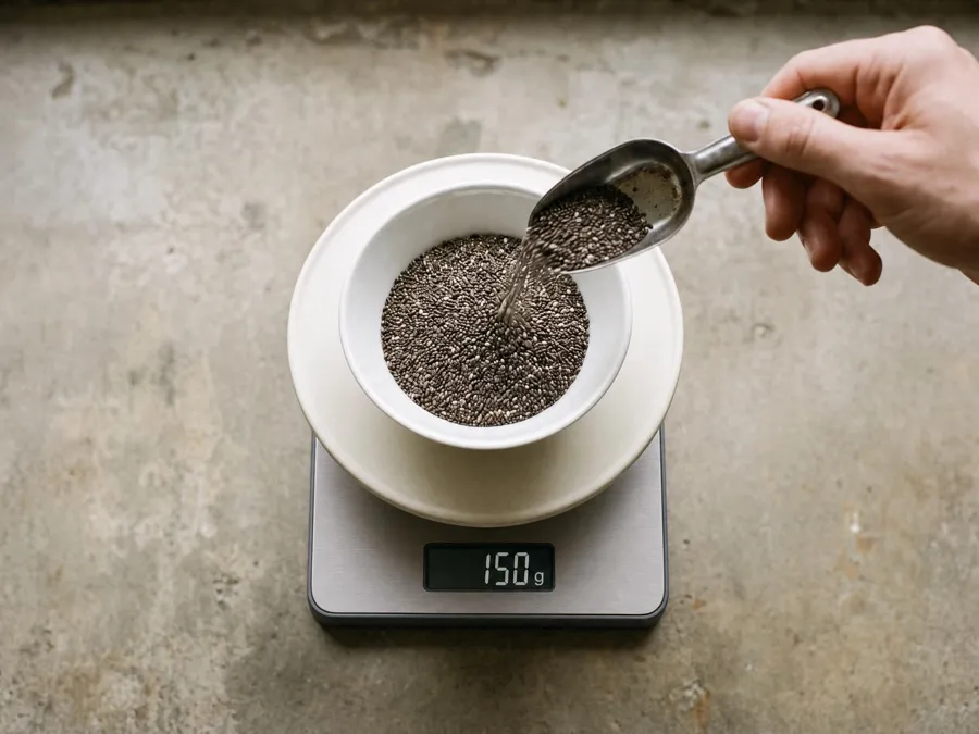 Seen from overhead, a hand tips a scoop of dry chia into a white bowl of the same seed sitting on a digital kitchen scale, on a worn concrete bench.