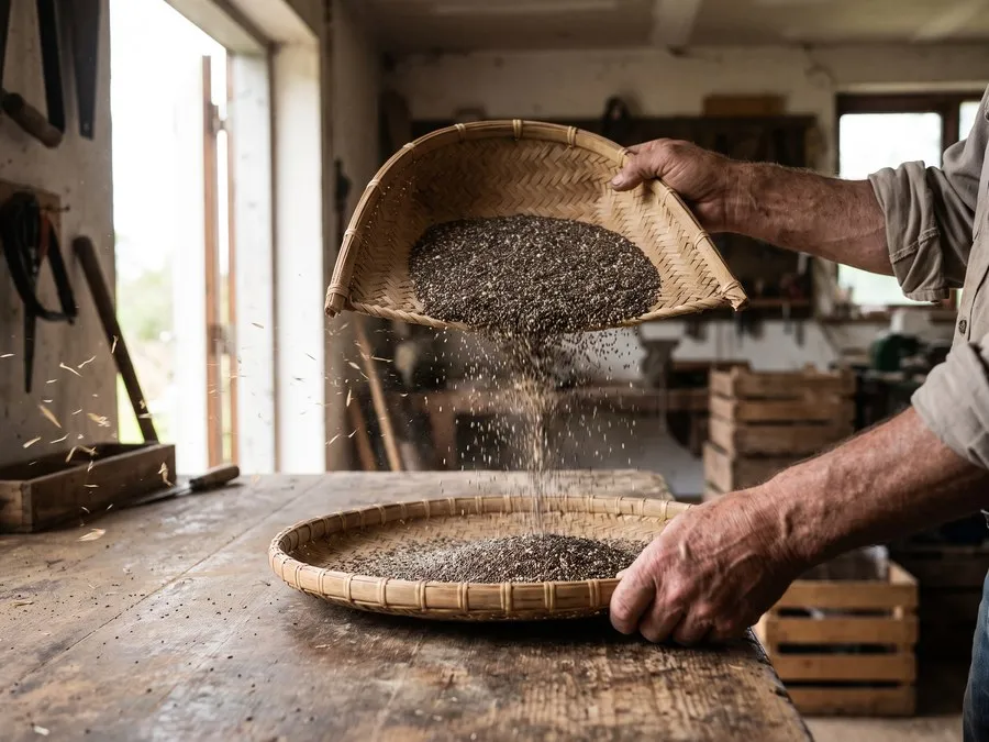 Dry chia seed tipped from one shallow woven winnowing tray down into another on a worn wooden bench, light chaff carried off sideways in the draught from an open doorway.